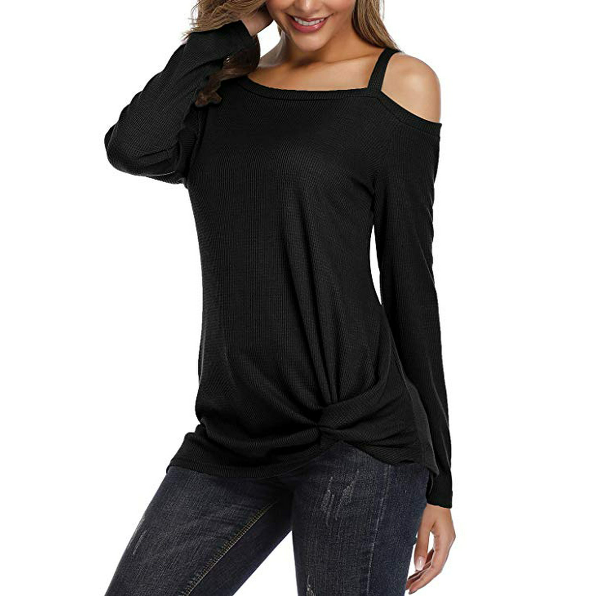 AELSON Women's Cold Shoulder Long Sleeve Shirts Front Twist Knot 